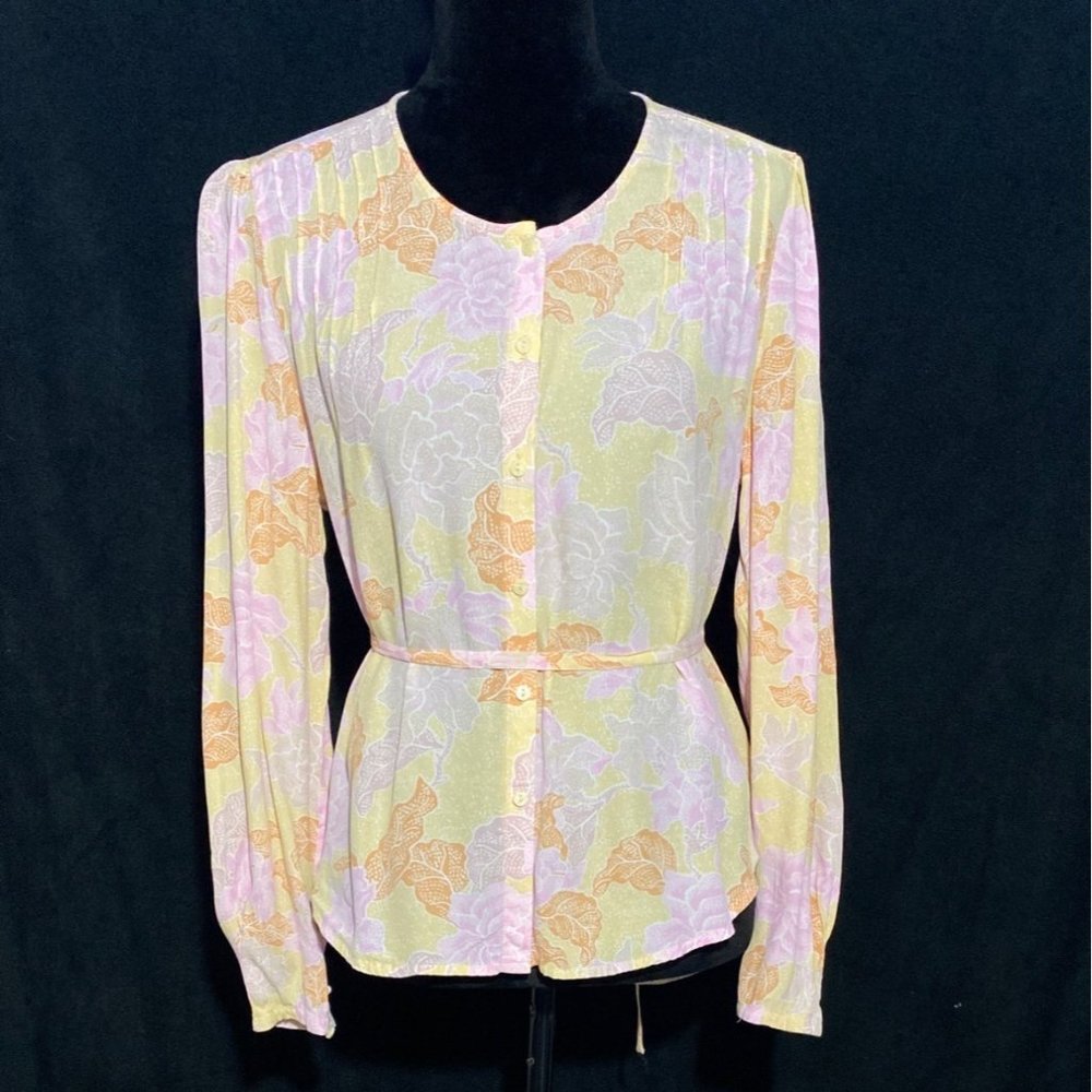 Amuse Society S Button Down Shirt Blouse Viscose Pastel Pink Yellow Orange‎ Belt